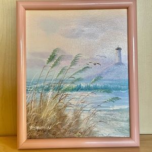 R. Thomson vintage Seascape oil painting, 90s aesthetic, light house painting
